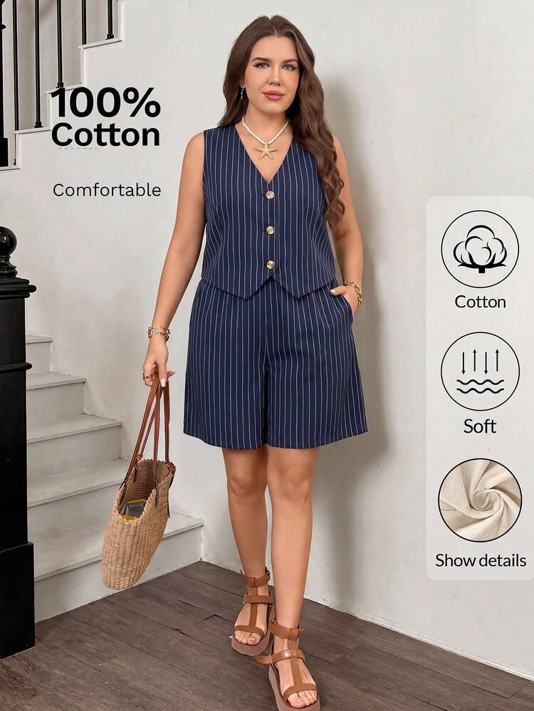 SHEIN LUNE Conjunto casual de chaleco de un solo pecho a rayas y pantalones cortos para mujer de talla grande - Azul Marino - Añade 6