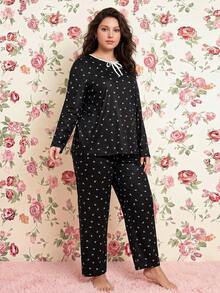 Elorette 加大码黑白碎花蝴蝶结装饰休闲家居服套装，适合室内外穿着，冬季服装 - 黑色 - 查看 10