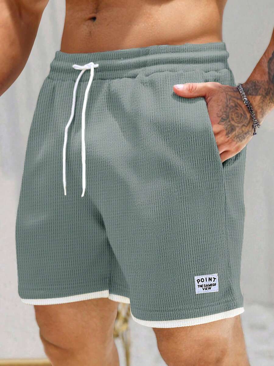 Manfinity RSRT Men's Waffle Knit Contrast Color Waist Drawstring Shorts, Holiday - Gray Blue - View 1