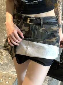 Joudiya 夏秋迷彩綠色滿版印花休閒街頭戶外女款牛仔迷你裙 - 綠色 - 查看 3