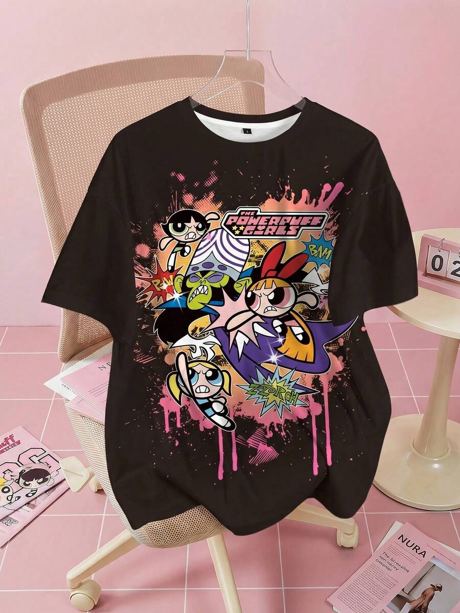 THE POWERPUFF GIRLS X SHEIN 女士休闲卡通图案圆领短袖T恤,夏季 - 白色 - 查看 1