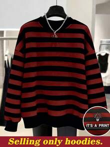 EMERY ROSE New Arrival Bestselling Regular Fit Women Plus Size Striped Crew Neck Sweatshirt - Red - View 1