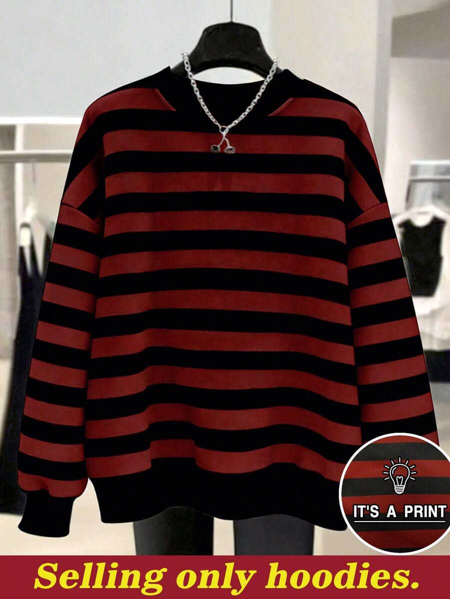 EMERY ROSE New Arrival Bestselling Regular Fit Women Plus Size Striped Crew Neck Sweatshirt - Red - View 1