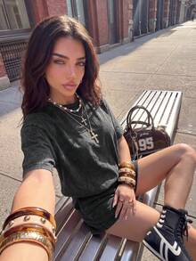 SHEIN EZwear Summer 2pcs Women Vintage Distressed Look T-Shirt & Shorts Set - Black - View 9