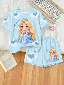 SHEIN Conjunto de 2 piezas de camiseta de manga corta casual y cómoda con estampado de corazón para niñas jóvenes, moda creativa para verano & otoño, uso diario - Multicolor - Ver 4