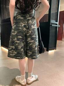 Livesso 女士宽松休闲街头迷彩绿色直筒七分牛仔短裤，适合春夏穿着 - 綠色 - 查看 7