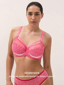 LUVLETTE Sujetador minimizador Dream Curve Air verde con estampado de guepardo y patrón de leopardo colorido, transparente sin forro, cobertura total, soporte lateral y malla - Rojo - Ver 2