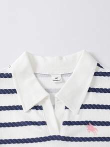 Casuvi Kids Set Kasual Kaos Lengan Pendek Bergaris dan Celana untuk Anak Perempuan Remaja - Blue and White - View 7
