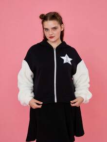 LOONEY TUNES X SHEIN Hơn Chữ cái & Đồ họa hoạt hình Thả vai áo có mũ Áo khoác - Đen và trắng - Xem 5