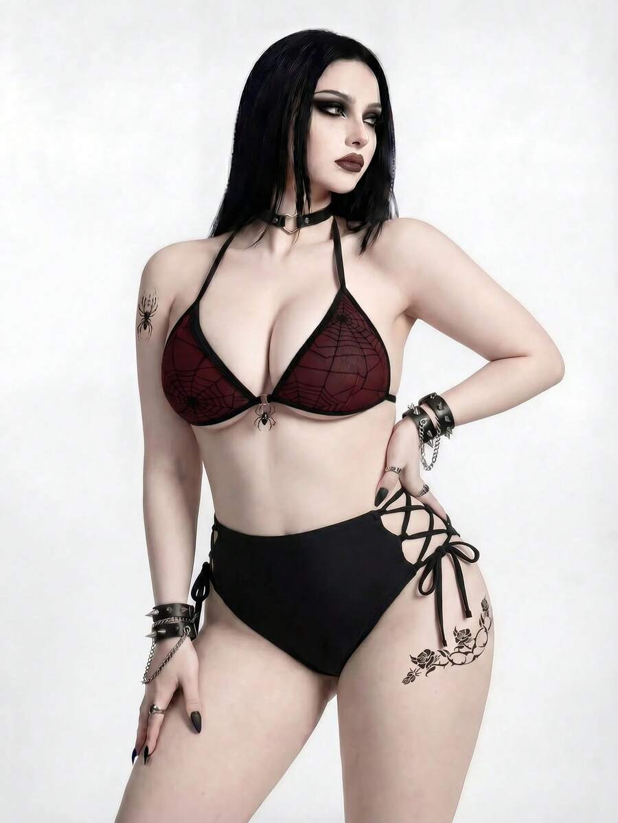ROMWE Goth 女款大尺碼素色單件抽繩三角比基尼泳褲,適合度假與海灘穿著 - 黑色 - 查看 1