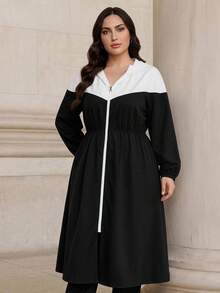 Graceveil Conjunto de 2 piezas talla grande con chaqueta larga con capucha y cremallera en color contrastante y pantalones con cordón, elegante - Blanco y Negro - Ver 5