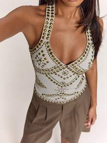 SHEIN BAE Women's Spring/Summer Bohemian Heavy Studded Embellished Backless Tank Top, Sexy Tank, Casual, Boho, Party Night, Festival, Concert, Outing - Apricot - View 7