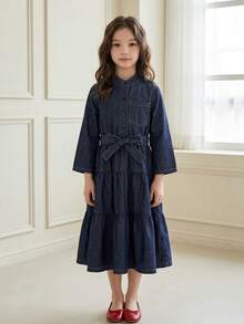 Dazy Kids 少女鈕扣腰部打結休閒日常牛仔洋裝 - 深色水洗藍 - 查看 4
