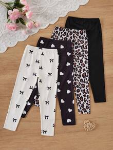 SHEIN Set Legging Anak Perempuan 4 Potong, Model Termasuk Warna Polos Minimalis, Motif Manis, Beragam Gaya, Gaya Keseluruhan Segar dan Serbaguna, Kain Lembut dan Ramah Kulit, Elastisitas Sedang, Pas di Badan Tanpa Ketat, Kain Rajut (4 Potong Dijual Sebagai Satu Set) - MultiWarna - View 2