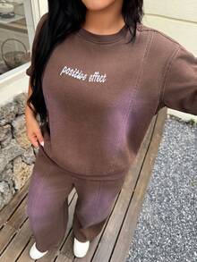 Dazy Plus Plus Size Women 2-Piece Set, Letter Embroidery Washed Dark Blue Loose Long Sleeve Top And Pants, Suitable For Spring And Autumn Summer - Brown - View 4