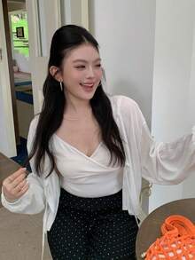 Dazy Plus V領素色短版綁帶長袖T恤 春夏款 - 米色 - 查看 7