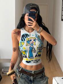 Coolane THE POWERPUFF GIRLS X SHEIN 休閒簡約圓領貼身女款背心上衣，適合夏季 - 彩色 - 查看 4