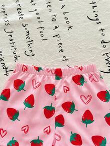 SHEIN LMoss Kids 女嬰草莓印花蝴蝶結裝飾背心上衣與短褲休閒套裝 - 彩色 - 查看 6