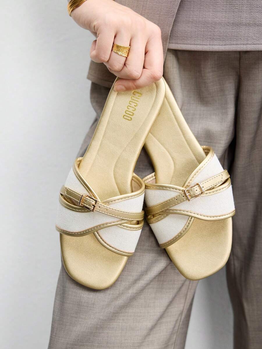 CUCCOO BIZCHIC Women's Fashion Gold Simple Buckle Color Matching Flat Sandals Summer - Gold - View 1