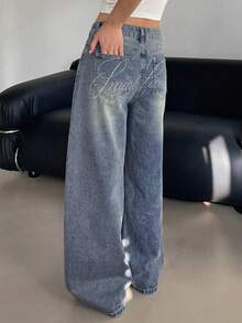 DAZY Women's Casual Basic Everyday Swimming Rhinestone Letter Pattern Washed Wide Leg Jeans With Slant Pockets Back-To-School White Summer - Dark Wash - View 7