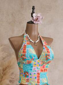 Swim Mod 夏季海灘女款兩件式黑白波點印花百褶荷葉邊上衣搭配雙側抽繩比基尼泳褲泳衣套裝 - 彩色 - 查看 6
