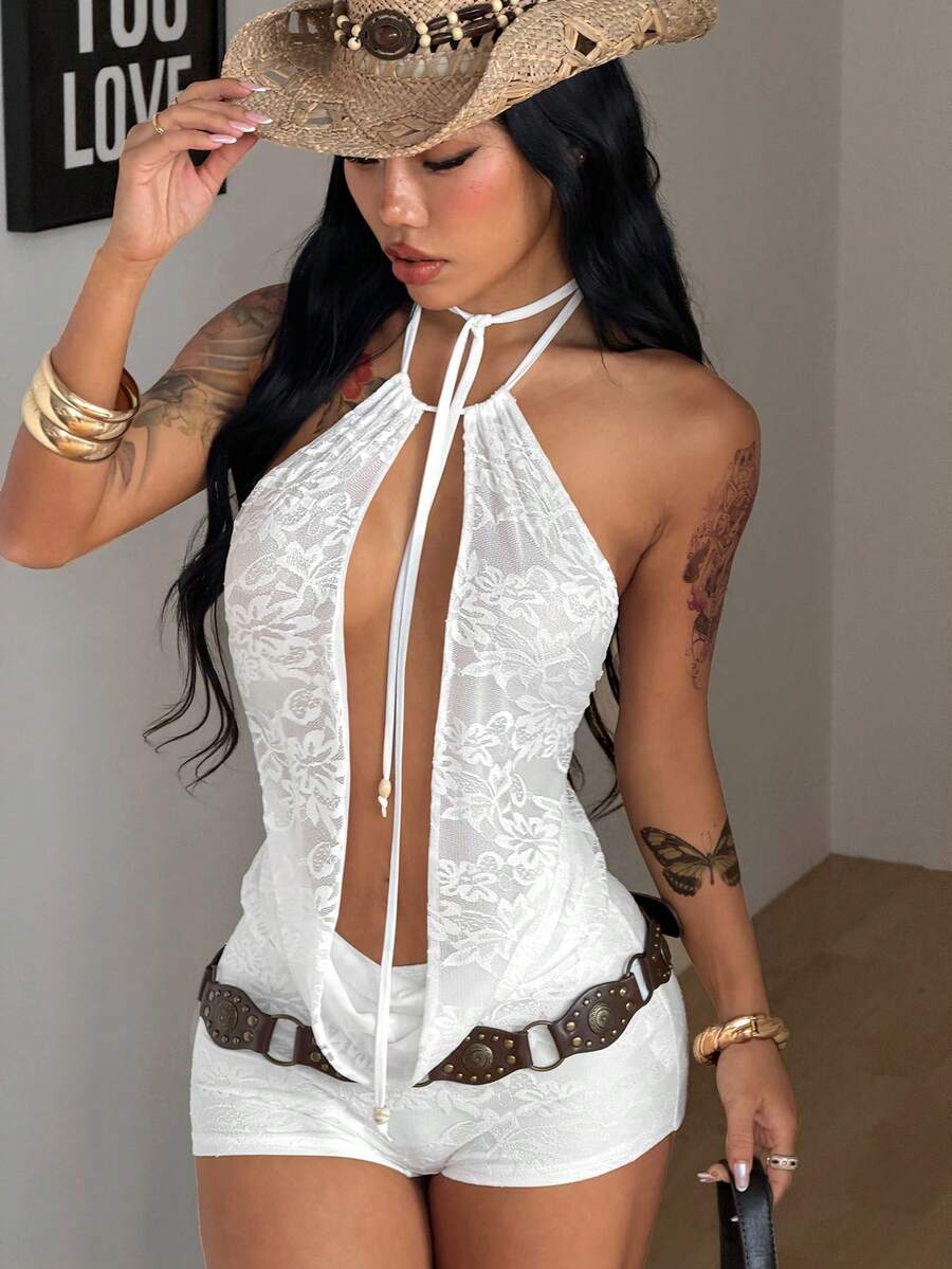 Coolane Mono blanco elástico con encaje, básico, elegante, boho chic, para vacaciones de verano para mujer - Blanco - Ver 1