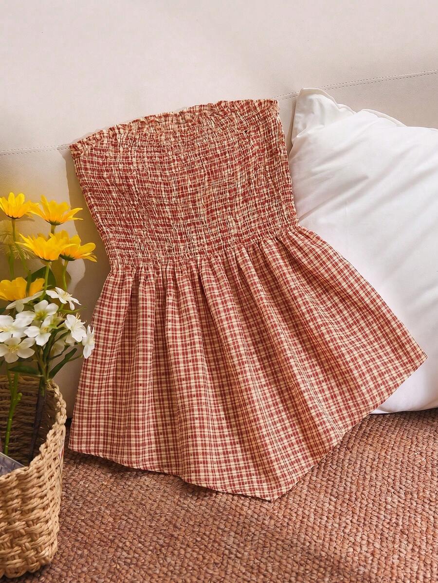 CosyJoli Plus Size Women's Vacation Plaid Shirred Bandeau Top