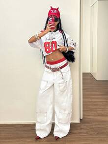 StreetHx Fashion Casual Y2k Streetwear Street Style Colorblock Stitching Multi-Pocket Low Waist Denim Curved Leg Pants Everyday Going Out White And Red Summer - White - View 7