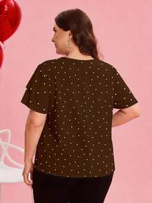 Reflora Plus Size Women's Solid Color Polka Dot Print Round Neck Double Layer Ruffle Sleeve Short Sleeve Blouse - Brown - View 2