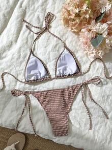 Swim Mod Women's Spring/Summer Jacquard Fabric Halter Neck Tie Bikini Set - Brown - View 2