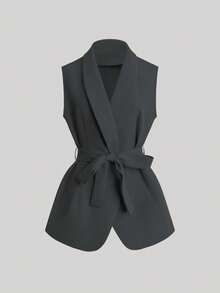 Franclia New Women Sleeveless Vest Jacket With Belt - Dark Grey - View 3