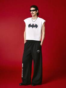 BATMAN X SHEIN STYNVO 男士圓領字母印花休閒百搭日常穿搭上衣，度假風 - 白色 - 查看 3