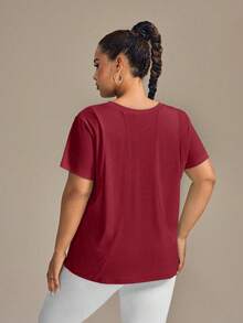 SHEIN Rhythm Era Plus Size Women's Round Neck Short Sleeve Casual Versatile Sports T-Shirt - Burgundy - View 3