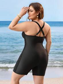 SHEIN Swim 2026 Lushore 大尺碼一件式泳衣 夏季海灘 外出派對運動豹紋側腰抓皺加厚顯瘦黑色性感曲線優雅款 - 黑色 - 查看 2