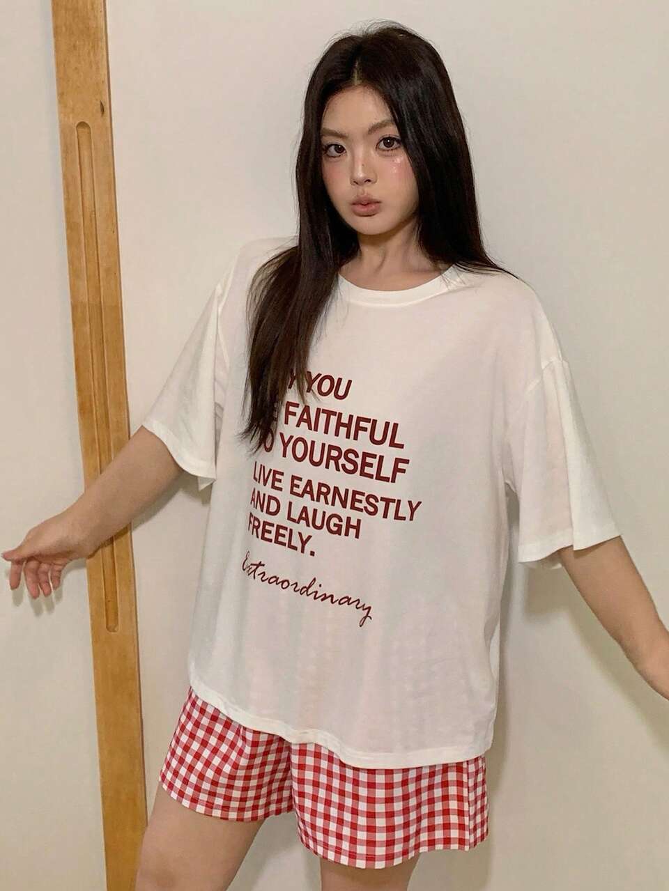 Dazy Plus Plus Size Women Letter Print Loose Short Sleeve Top And Plaid Shorts Casual Pajama Set, Spring/Summer