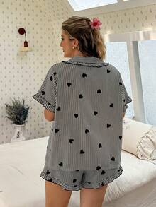 CottageSlumber Pink Heart Print Ruffle Collar Button-Up Short Sleeve Shorts Plus Size Pajama Set - Black - View 2