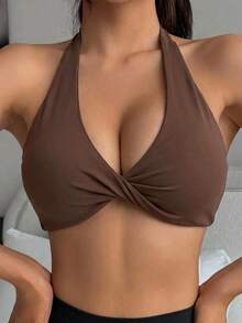 DAZY Solid Color Halter Neck Twist Front Slight Push-Up Women's Sports Bra - Brown - View 3