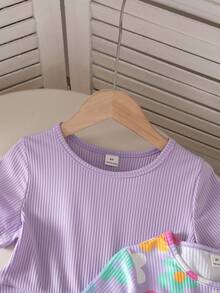 SHEIN Elladie kids 2件組女童幼兒簡約俏皮多巴胺彩色花卉短袖洋裝 多色粉色系 夏日休閒舒適套裝 - 紫色 - 查看 4