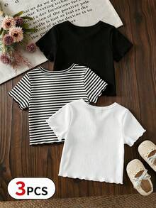 SHEIN 3pcs/Set Girls Korean Style Ribbed Short Sleeve Tops, Solid Color & Striped Combination, Handmade 3D Flower Applique + Frill Cuff Round Neck, Daily Innerwear & Outerwear, Suitable For Spring, Summer, Early Autumn - Multicolor - View 2