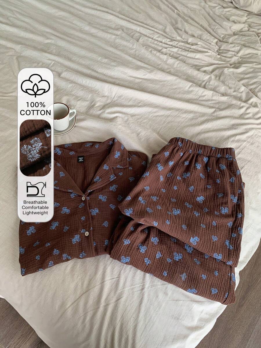 Dazy Plus Floral Textured Chiffon Fabric Loose Short Sleeve Top And Long Pants Pajama Set, Plus Size, Brown, Spring/Summer - Brown - View 1