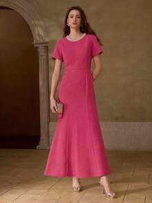 MOTF PREMIUM WOMEN'S ELEGANT MERMAID HEM LONG DRESS, LIGHTWEIGHT FABRIC - Hot Pink - View 4