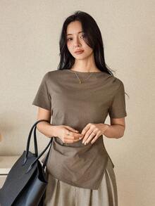 Dazy Tall Damen lockeres lässiges minimalistisches Mode Rundhals Retro Stil Polo T-Shirt, atmungsaktiv Sommer Alltag Büro Kleidung in Kaffeebraun, für große Frauen - Khaki - Übersicht 3