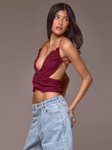 MUSERA Crossover Backless Draped Top Spring Summer Holiday Vacation Ibiza Elegant Roja De Sol - Burgundy - View 3