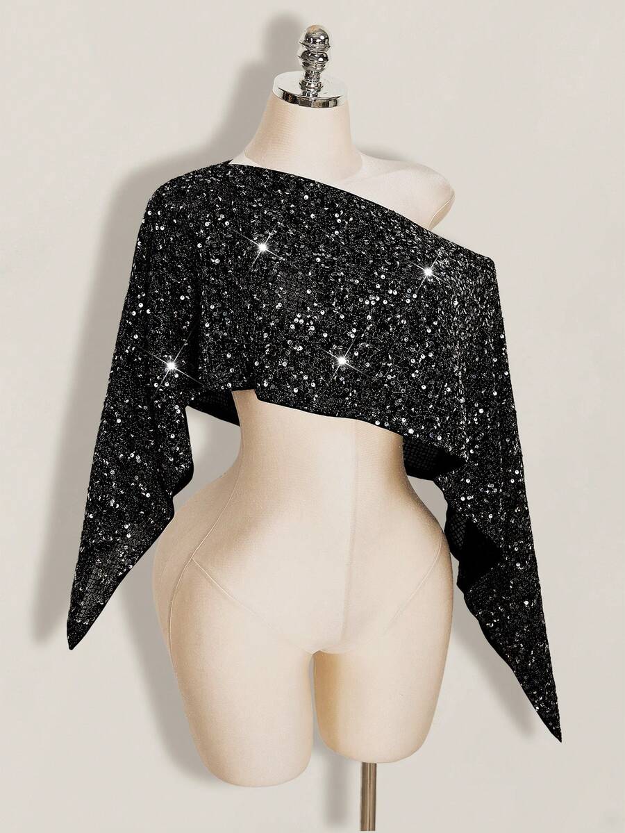 SHEIN ICON 女款單肩亮片休閒性感百搭上衣,適合日常、夜晚外出、派對、夜店、出遊,黑色夏季款 - 黑色 - 查看 1