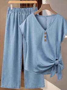 EMERY ROSE EMERY ROSE Setelan Wanita Atasan Lengan Panjang Leher V dengan Kancing dan Celana Panjang Pinggang Elastis Bahan Denim untuk Liburan Musim Panas di Pantai, Warna Biru Muda Kasual - Biru - View 6
