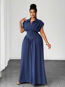 Maweii Charmantes elegantes Revershemd mit Plissee, einfarbiges taillenbetontes Große Größen Kleid, geeignet für lässig-elegante Alltagskleidung, tägliche Date-Kleidung, charmantes elegantes Kleid, Frühlings-/Sommerkleid - marineblau - Übersicht 5