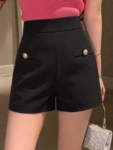 DAZY Shorts con diseño de botones para primavera, verano y otoño - Negro - Ver 5