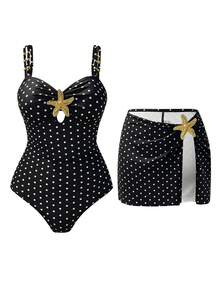 Swim Oasis Women's One-Piece Star Decor Cute Casual Vacation 2 Pieces One-Piece Swimsuit - Black - View 1