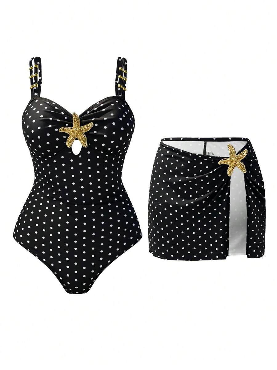Swim Oasis Women's One-Piece Star Decor Cute Casual Vacation 2 Pieces One-Piece Swimsuit - Black - View 1