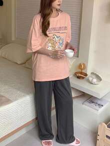 DAZY 可愛卡通印花寬鬆圓領T恤與長褲睡衣套裝 夏季 - 粉色 - 查看 1